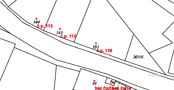 Jarpice 116 na parcele st. 151 v KÚ Jarpice, Katastrální mapa