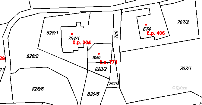 Ostravice 771 na parcele st. 704/2 v KÚ Staré Hamry 2, Katastrální mapa