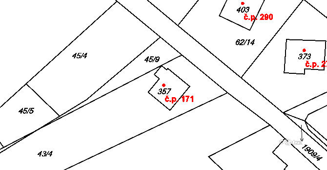 Chuchelna 171 na parcele st. 357 v KÚ Chuchelna, Katastrální mapa