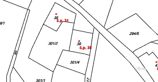 Čábuze 35, Vacov na parcele st. 39 v KÚ Čábuze, Katastrální mapa