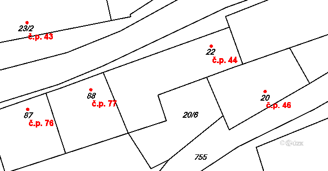 Podmoky 44 na parcele st. 22 v KÚ Podmoky u Městce Králové, Katastrální mapa