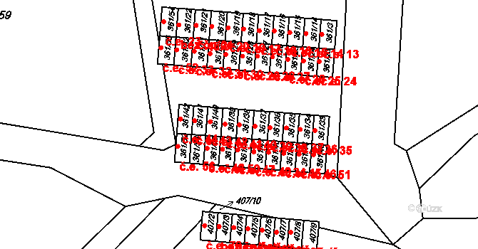 Radonice 40 na parcele st. 361/38 v KÚ Radonice u Kadaně, Katastrální mapa