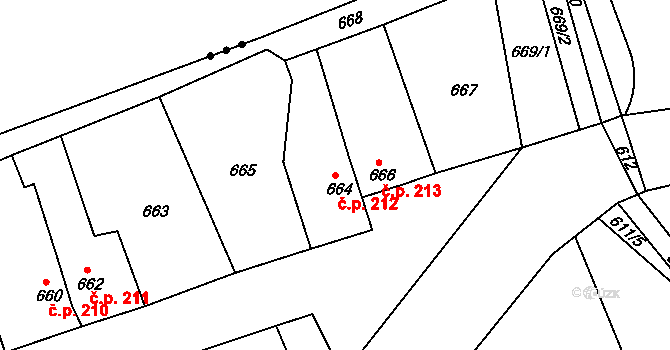 Újezdeček 212 na parcele st. 664 v KÚ Újezdeček, Katastrální mapa