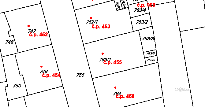 Zábrdovice 455, Brno na parcele st. 763/1 v KÚ Zábrdovice, Katastrální mapa
