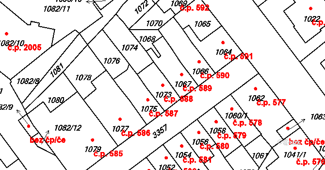 Pelhřimov 588 na parcele st. 1073 v KÚ Pelhřimov, Katastrální mapa