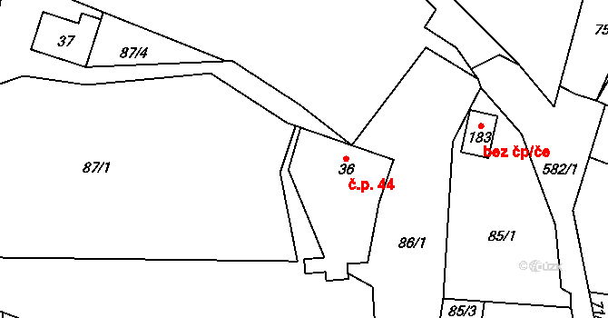 Komora 44, Holčovice na parcele st. 36 v KÚ Komora, Katastrální mapa