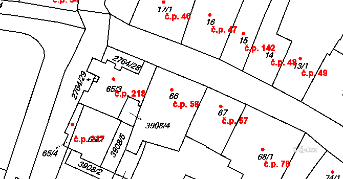 Střed 58, Rokycany na parcele st. 66 v KÚ Rokycany, Katastrální mapa