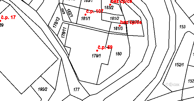 Tušť 59, Suchdol nad Lužnicí na parcele st. 179/1 v KÚ Tušť, Katastrální mapa