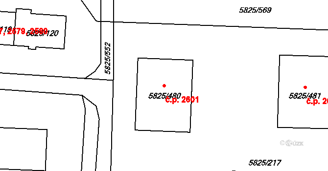 Česká Lípa 2601 na parcele st. 5825/480 v KÚ Česká Lípa, Katastrální mapa
