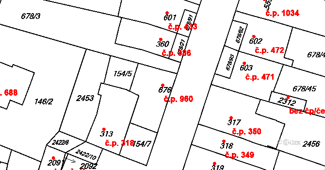 Rosice 960 na parcele st. 676 v KÚ Rosice u Brna, Katastrální mapa