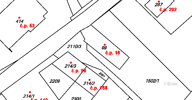 Lhota u Vsetína 16 na parcele st. 99 v KÚ Lhota u Vsetína, Katastrální mapa