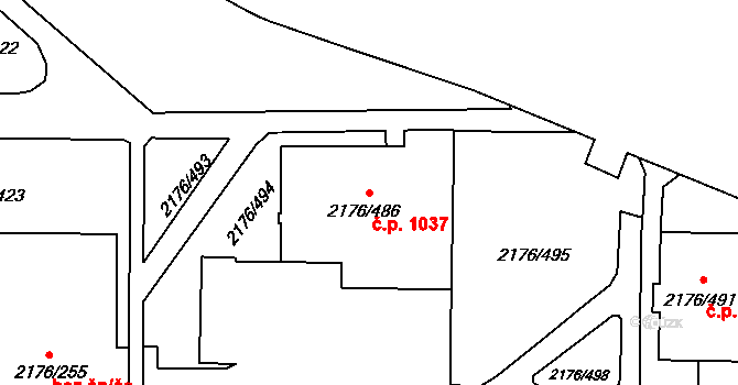 Skvrňany 1037, Plzeň na parcele st. 2176/486 v KÚ Skvrňany, Katastrální mapa