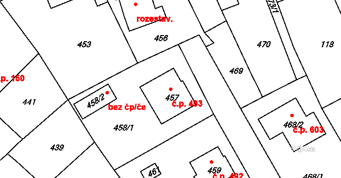 Týnec nad Labem 493 na parcele st. 457 v KÚ Týnec nad Labem, Katastrální mapa