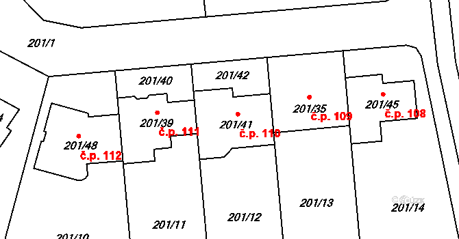 Popovice 110 na parcele st. 201/41 v KÚ Popovice u Rajhradu, Katastrální mapa