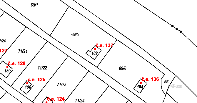 Tuřice 137 na parcele st. 182 v KÚ Tuřice, Katastrální mapa