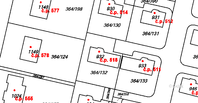 Nučice 518 na parcele st. 932 v KÚ Nučice u Rudné, Katastrální mapa