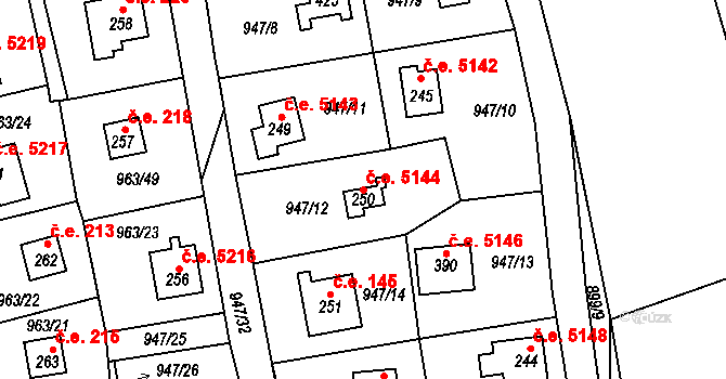 Kozojedy 5144 na parcele st. 250 v KÚ Kozojedy u Kostelce nad Černými Lesy, Katastrální mapa