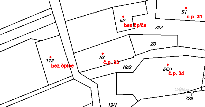 Jeníkov 33 na parcele st. 53 v KÚ Jeníkov u Hlinska, Katastrální mapa