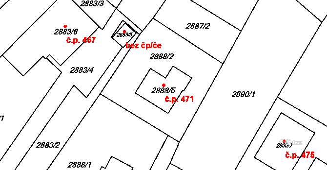 Nosálovice 471, Vyškov na parcele st. 2888/5 v KÚ Vyškov, Katastrální mapa