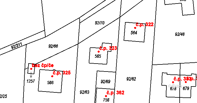 Nučice 323 na parcele st. 565 v KÚ Nučice u Rudné, Katastrální mapa