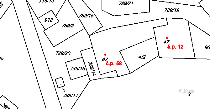 Vlkanov 58 na parcele st. 67 v KÚ Vlkanov u Nového Kramolína, Katastrální mapa