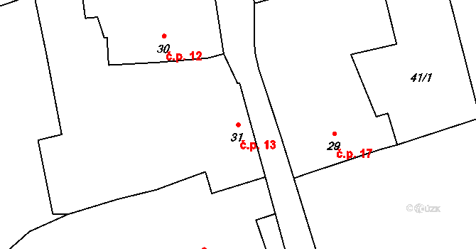 Přetín 13, Křenice na parcele st. 31 v KÚ Přetín, Katastrální mapa