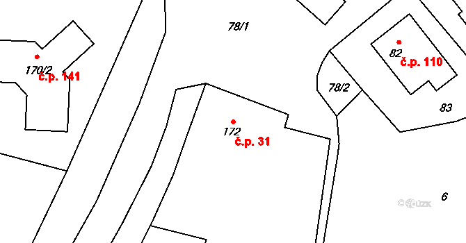 Třeština 31 na parcele st. 172 v KÚ Třeština, Katastrální mapa