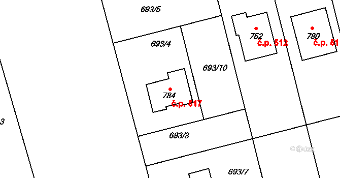 Olšany u Prostějova 517 na parcele st. 784 v KÚ Olšany u Prostějova, Katastrální mapa
