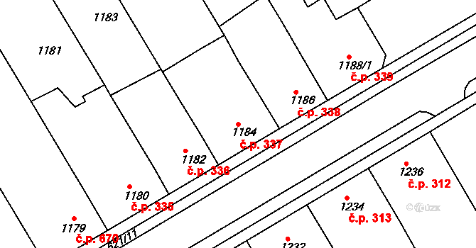 Hrušky 337 na parcele st. 1184 v KÚ Hrušky, Katastrální mapa