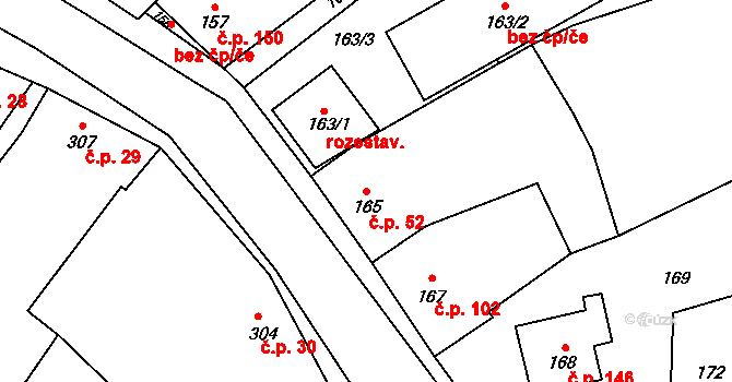 Seloutky 52 na parcele st. 165 v KÚ Seloutky, Katastrální mapa