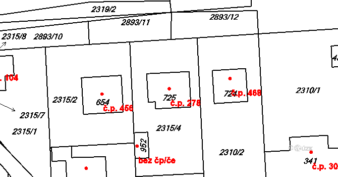 Kamenný Újezd 278 na parcele st. 725 v KÚ Kamenný Újezd, Katastrální mapa