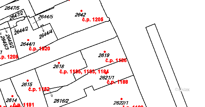 Jihlava 1186 na parcele st. 2619 v KÚ Jihlava, Katastrální mapa