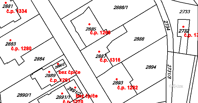 Roztoky 1316 na parcele st. 2887 v KÚ Žalov, Katastrální mapa