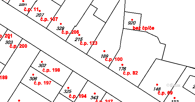 Humny 100, Pchery na parcele st. 189 v KÚ Pchery, Katastrální mapa