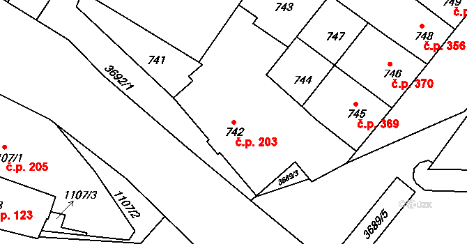 Vyškov-Předměstí 203, Vyškov na parcele st. 742 v KÚ Vyškov, Katastrální mapa