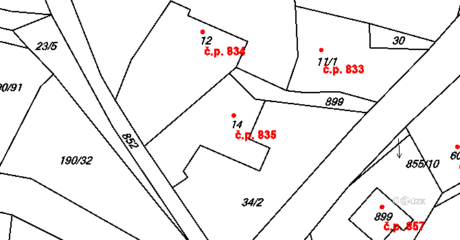 Těptín 835, Kamenice na parcele st. 14 v KÚ Těptín, Katastrální mapa