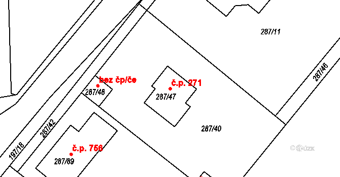 Vinařice 271 na parcele st. 287/47 v KÚ Vinařice u Kladna, Katastrální mapa