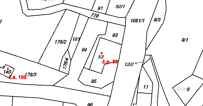 Syřenov 33 na parcele st. 53 v KÚ Syřenov, Katastrální mapa