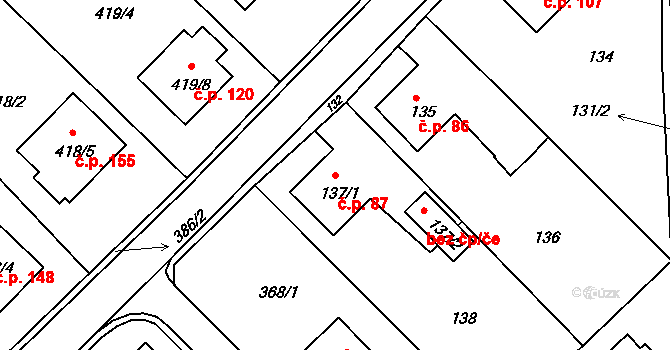 Hosín 87 na parcele st. 137/1 v KÚ Hosín, Katastrální mapa