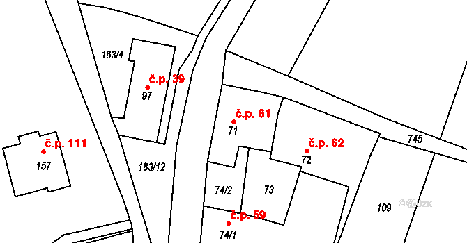 Malíč 61 na parcele st. 71 v KÚ Malíč, Katastrální mapa