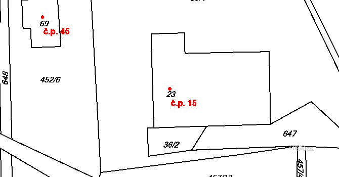 Zářecká Lhota 15 na parcele st. 23 v KÚ Zářecká Lhota, Katastrální mapa
