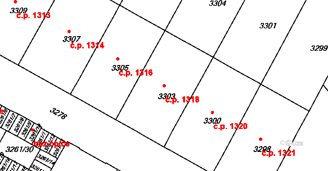 Černá Pole 1318, Brno na parcele st. 3303 v KÚ Černá Pole, Katastrální mapa