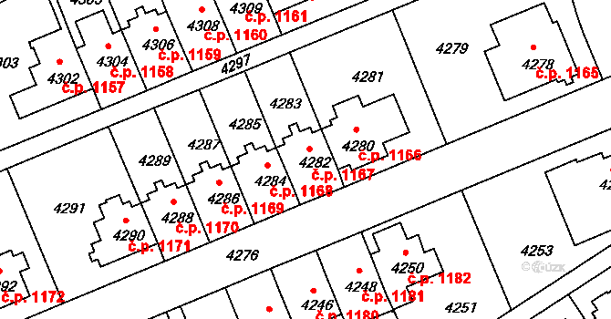 Záběhlice 1167, Praha na parcele st. 4282 v KÚ Záběhlice, Katastrální mapa