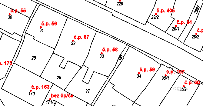 Rosice 58 na parcele st. 33 v KÚ Rosice u Brna, Katastrální mapa