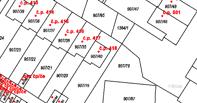 Křimice 418, Plzeň na parcele st. 907/40 v KÚ Křimice, Katastrální mapa