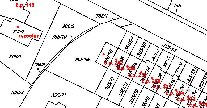 Červený Hrádek 242, Plzeň na parcele st. 355/95 v KÚ Červený Hrádek u Plzně, Katastrální mapa