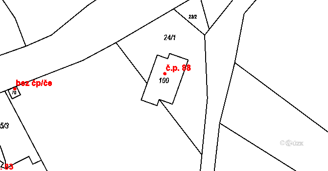 Tomice II 88, Olbramovice na parcele st. 100 v KÚ Tomice u Votic, Katastrální mapa