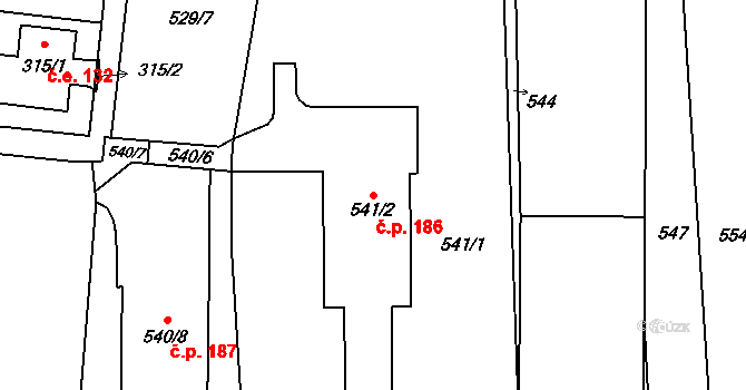 Alojzov 186 na parcele st. 541/2 v KÚ Alojzov u Prostějova, Katastrální mapa