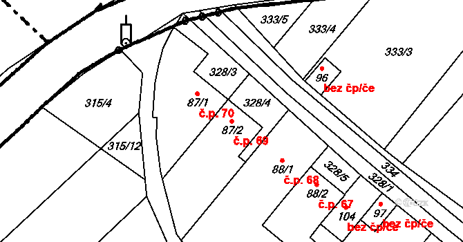 Šašovice 69, Želetava na parcele st. 87/2 v KÚ Šašovice, Katastrální mapa