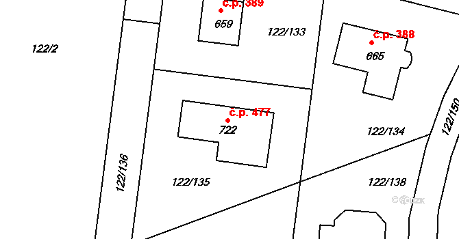Strančice 477 na parcele st. 722 v KÚ Strančice, Katastrální mapa